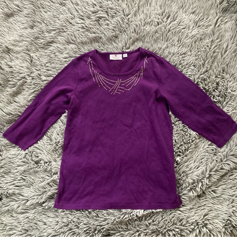 Quacker Factory Purple-SMALL- Long Sleeve Top with Embellishments